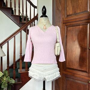 Jones Studio Vintage Baby Pink Textured Three Quarter Sleeve Shirt Henley
